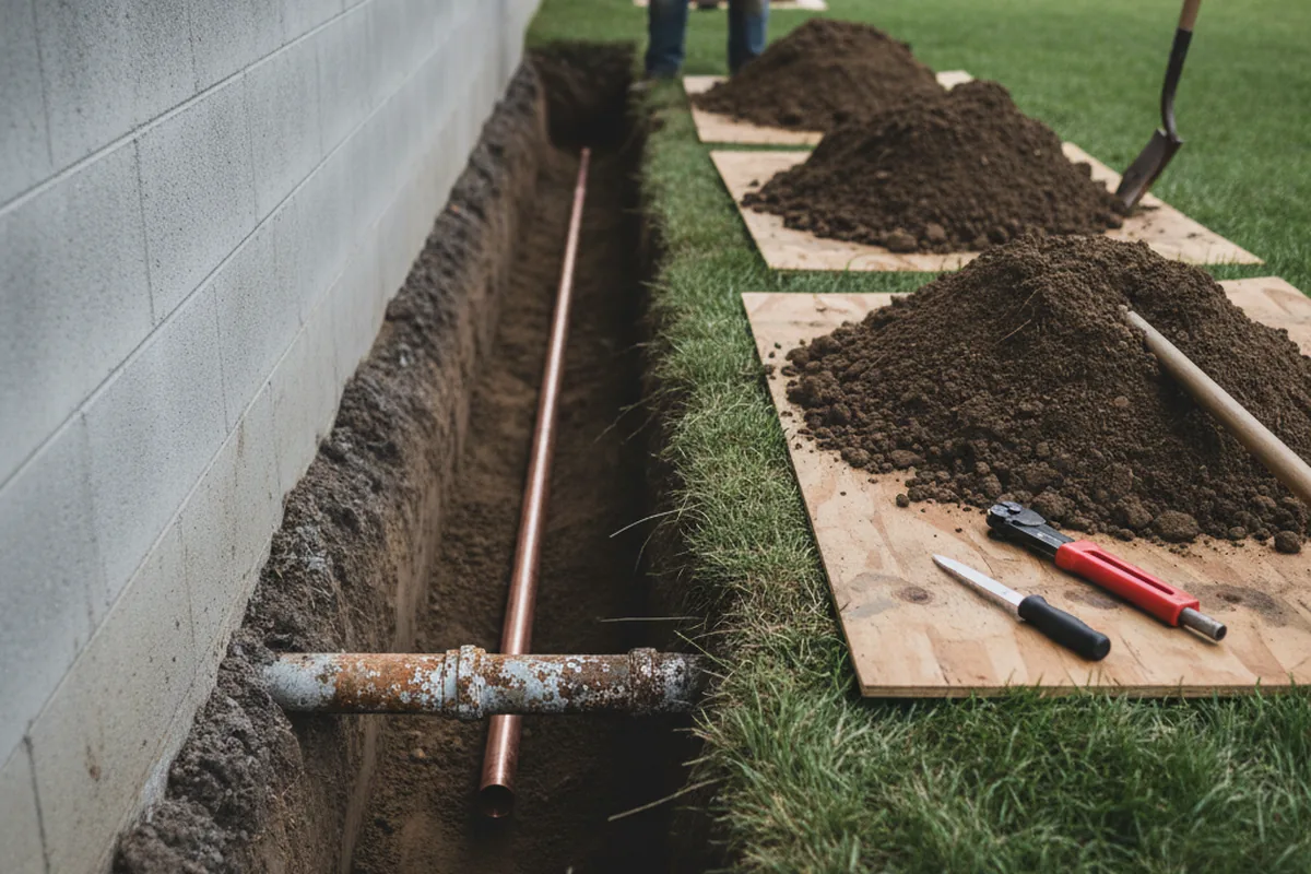 Excavated water line trench during Sewer Line Repair in Boynton